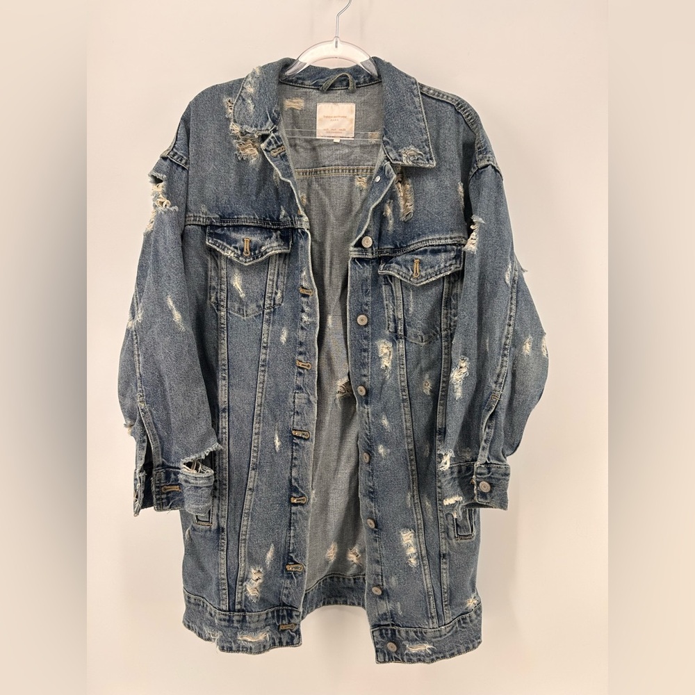 Zara Trafaluc Distressed Destroyed Denim Long Jean Jacket Sz S Small